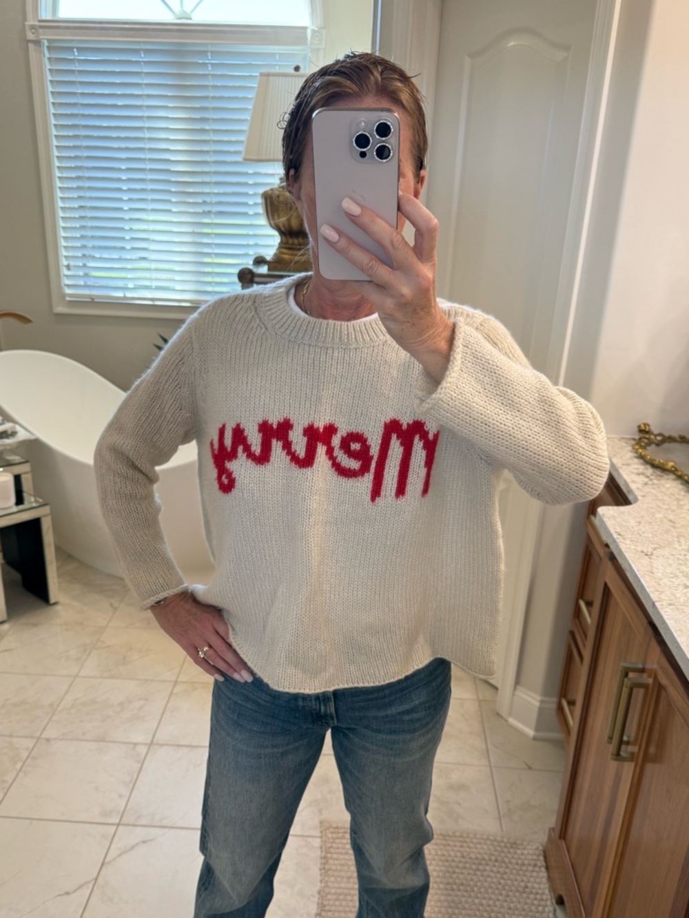 Wooden Ships Merry Chunky Crew Sweater Cream Red Size S/M